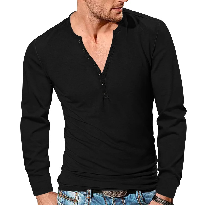 Mens Four Season Henley shirt Vintage Long Sleeve Tshirt Cross border Button VNeck Slim Solid Top 240820