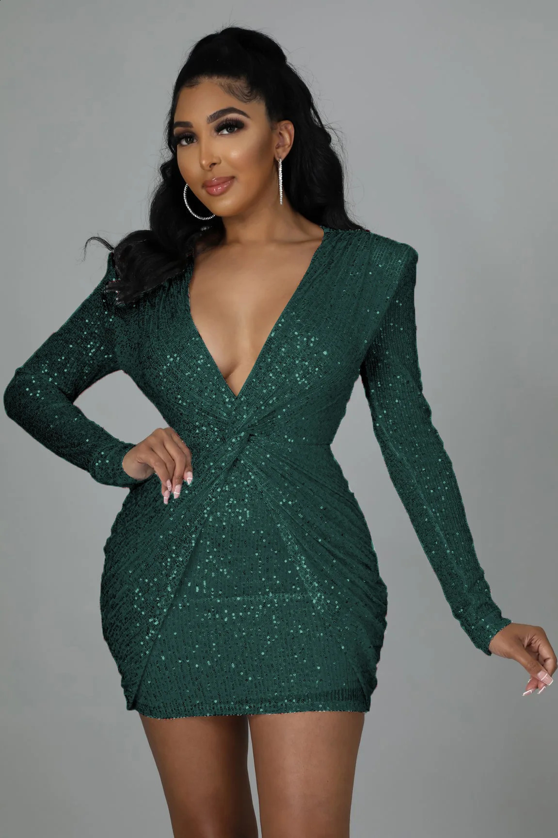 Elegant Party Dresses for Women Sequin V-neck Pleated Slim Sexy Dress 240819