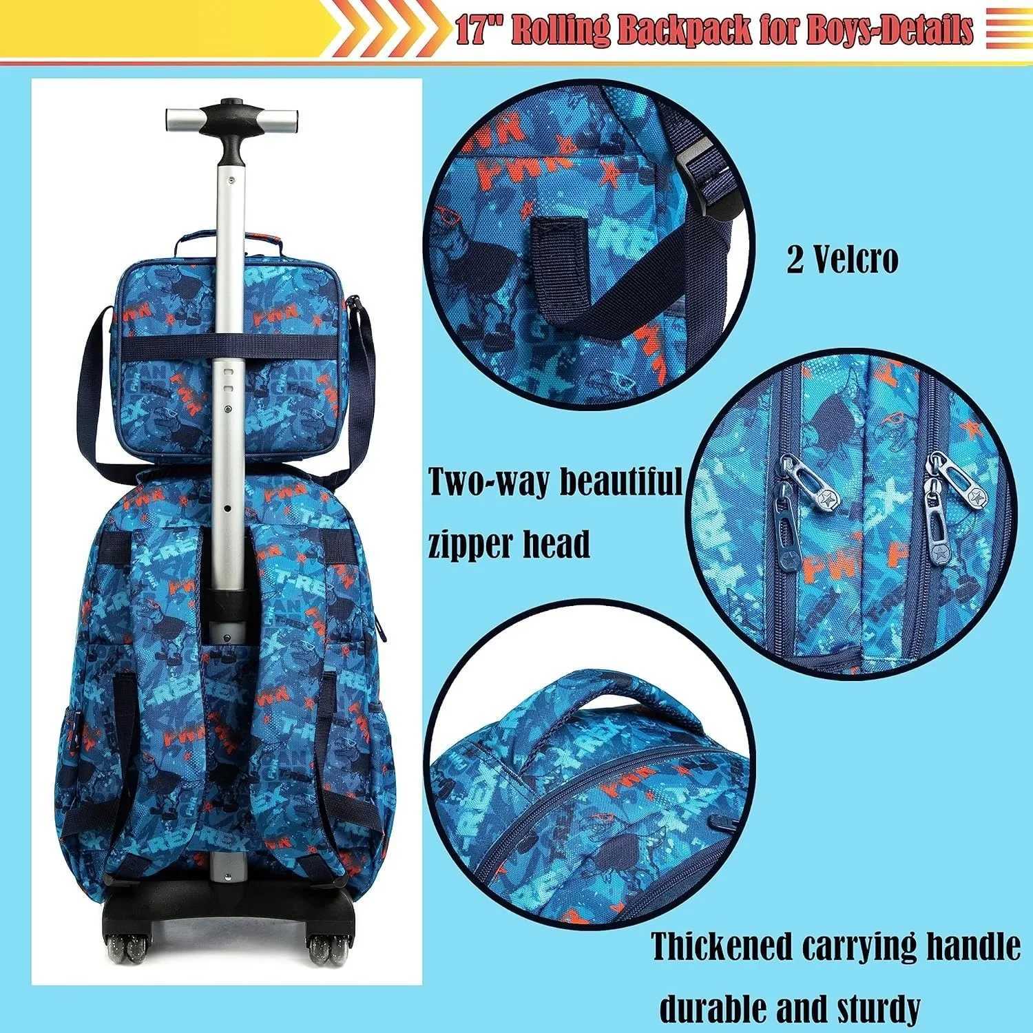 18 Inch School Bags Wheeled Backpack for Boys Girls Travel Rolling Backpack School Trolley Bag Set with Thermal Lunch Box Y240820