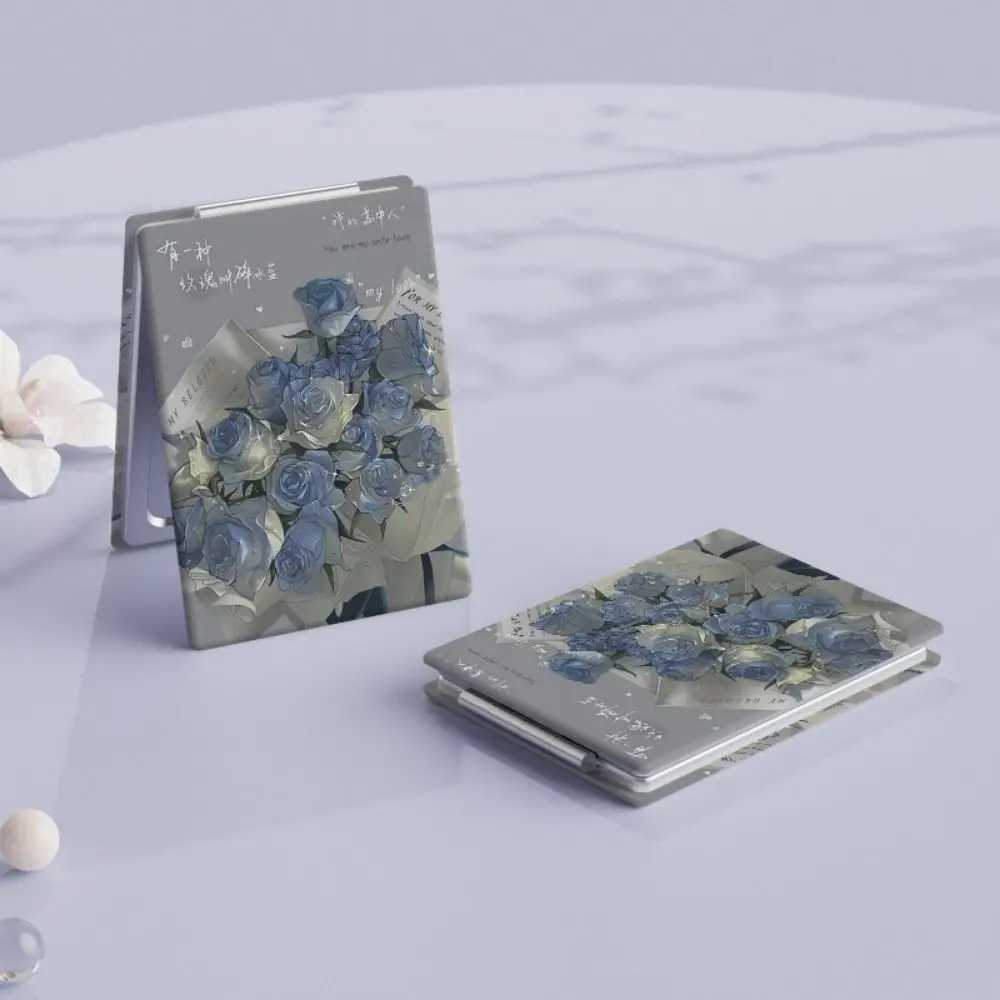 PU Folding Makeup Mirror High Definition Foldable Cosmetic Mirror Elegant Blue Rose Rectangle Pocket Mirror Students Y240819