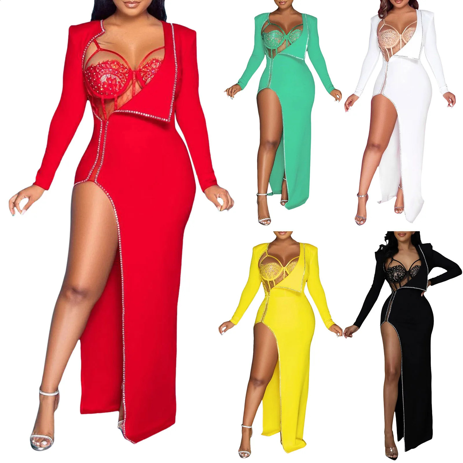 Women Sexy High Slit Dresses With Bra Sequin Diamond Long Sleeved Dress Party Nightclub Fashion Cocktail Formal Gown 240819