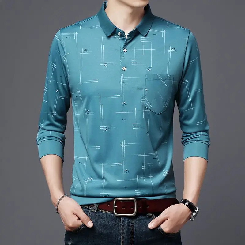 Spring Autumn Pullover Mens Retro Solid Color Pockets Button Long Sleeve Turn-down Collar T-shirt Casual Formal Business Tops 240820