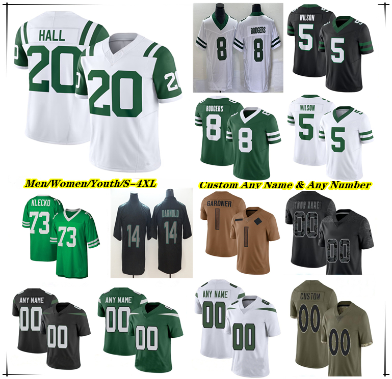 Football Jersey Aaron Rodgers Travis Breece Hall Garrett Wilson Sauce Gardner Tyler Conklin Olu Fashanu Quinnen Quincy Williams C.J. Mosley Allen Lazard Joe Namath 4X