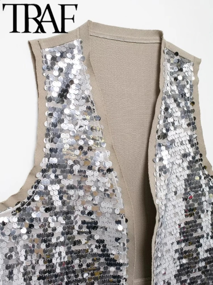 TRAF Sparkling Silver sequin Patch Work Womens Tank Top Summer Vneck Sleeveless Open Front Crop Irregular Y2K 240819