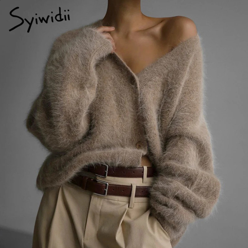 Syiwidii Elegant Knitted Womens Open Skirt Casual Vneck Single Chest Long Sleeve Sweater AutumnWinter Fashion Coat 240819