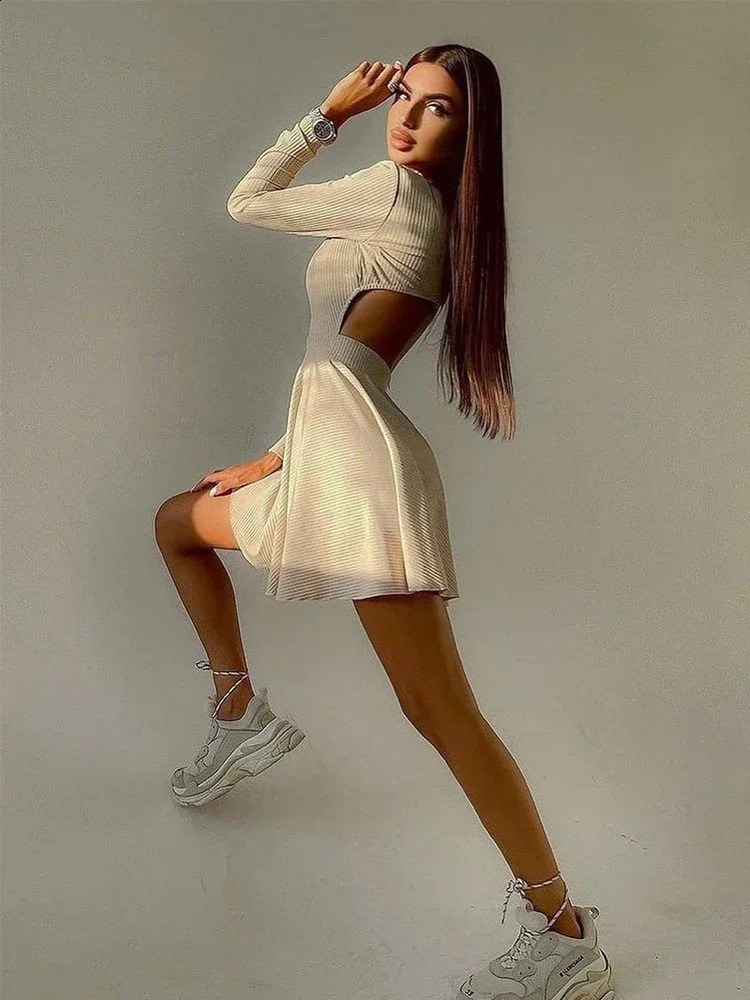 Sexy Long Sleeve Mini Dress Autumn Winter Women O Neck Slim Pleated Short Bodycon Dresses Evening Prom Backless Party Clubwear 240819