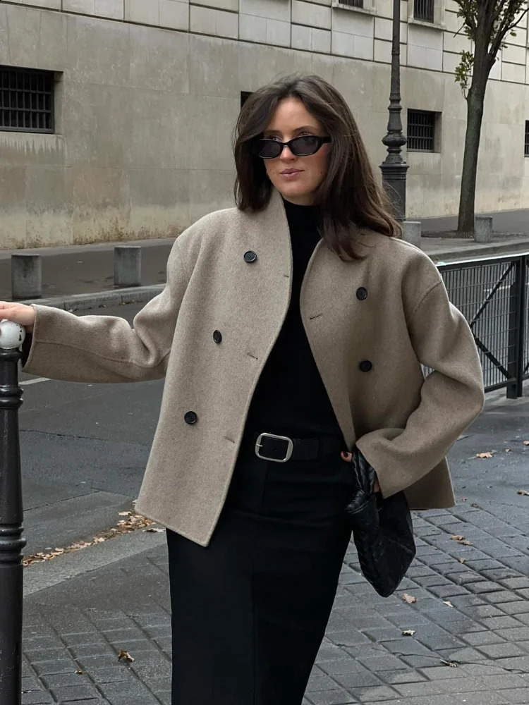 Elegant Wool Womens Coats Loose Casual Double Breasted Stand Collar Short Jacket Fall Winter Coat Female Commute Outerwear 240820