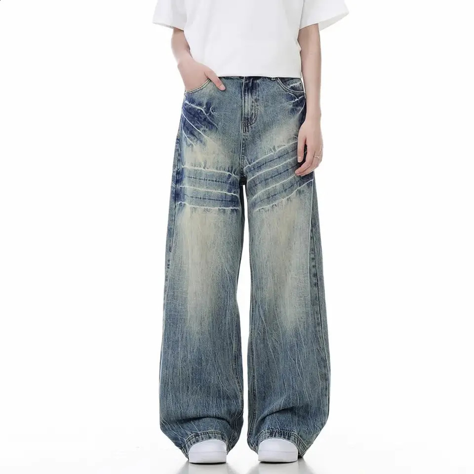 American street hip-hop loose wide leg jeans high street men and women personality trend retro washed straight leg casual pants 240819