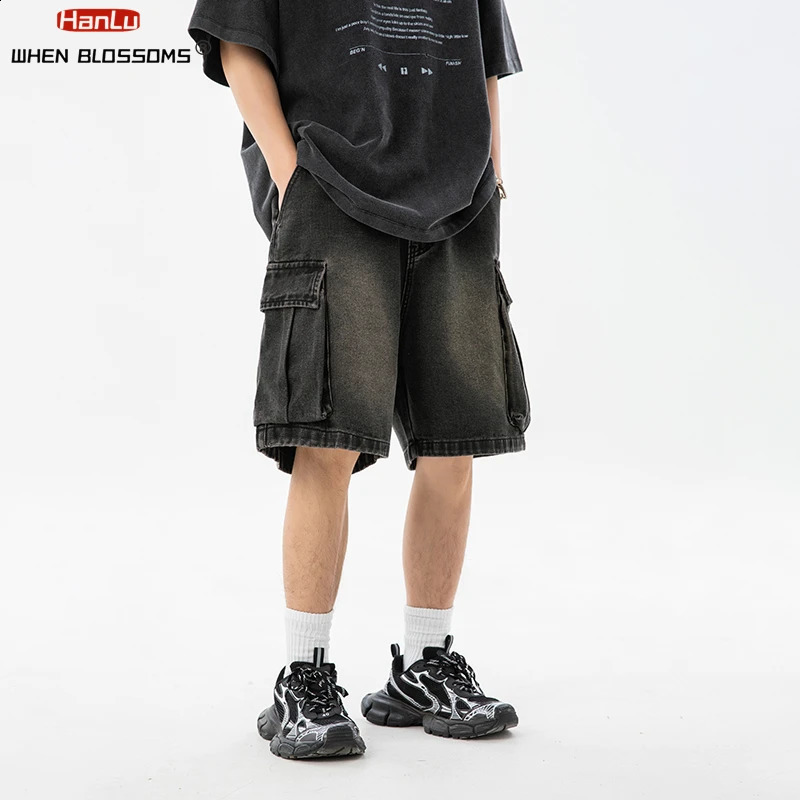 South Korean fashion mens wide leg denim shorts summer style loose casual elastic waist large pocket cargo jeans 240819