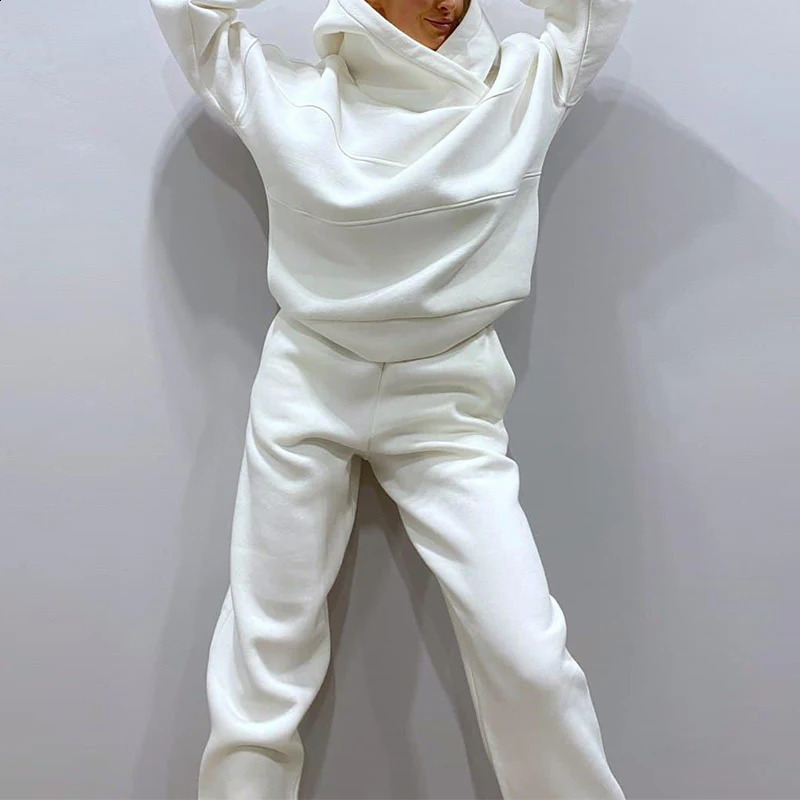 Women Fleece Two Piece Set Oversize Hoodie Sweatshirt And Jogger Trouser Tracksuits Autumn Winter Female Casual Sports Suit 240820