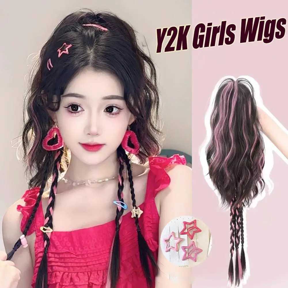45CM Y2K Womens Ponytail Synthetic Wig Pink Blue High Brightness Ponytail Simulation Hair Half Series Curly Hair Trend Hot Girl W240817