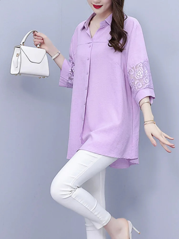 Wxw2824 Pink Blue Office Shirt Womens Half Sleeve Splicing Lace Hollow Joint Top and Collar 240814