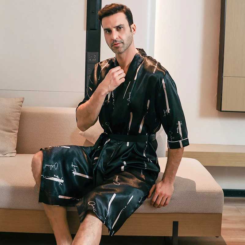Mens ice silk satin half Sves pajamas Spwear Robe yukata night light plus size spring summer short Sves W241023