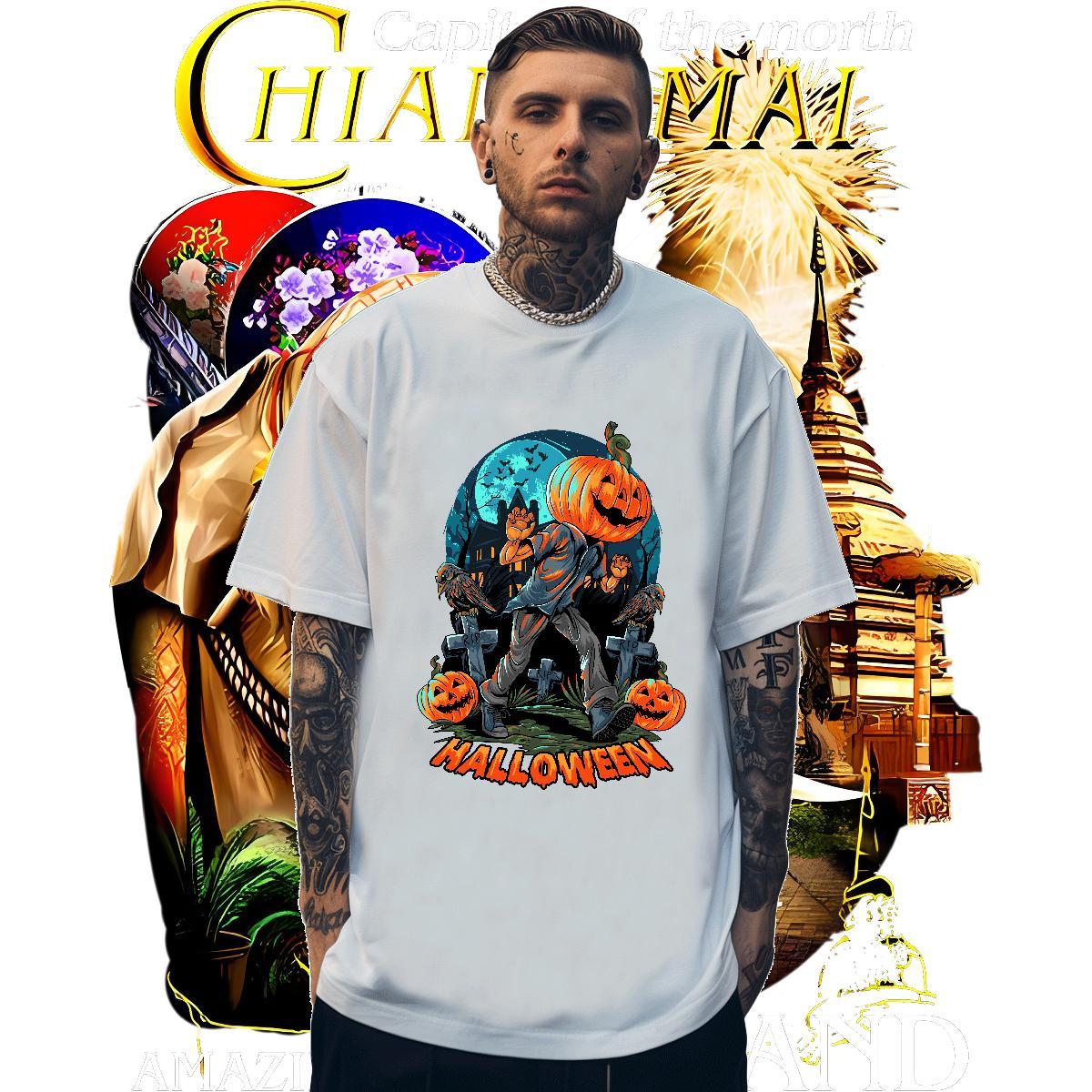 Cool T shirt pumpkin Short Sleeve Soft Beach DIY Logo Oversized 230g Pure Cotton Men Tshirts New Arrival Clothes