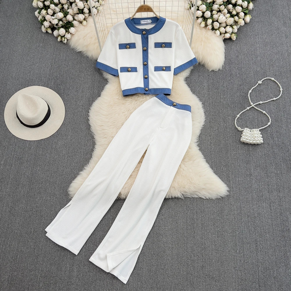Women 2 Pieces Clothing Sets O-Neck Short Sleeve Patchwork Button Tops High Waist Split Straight Trousers Suits Outfits 240819