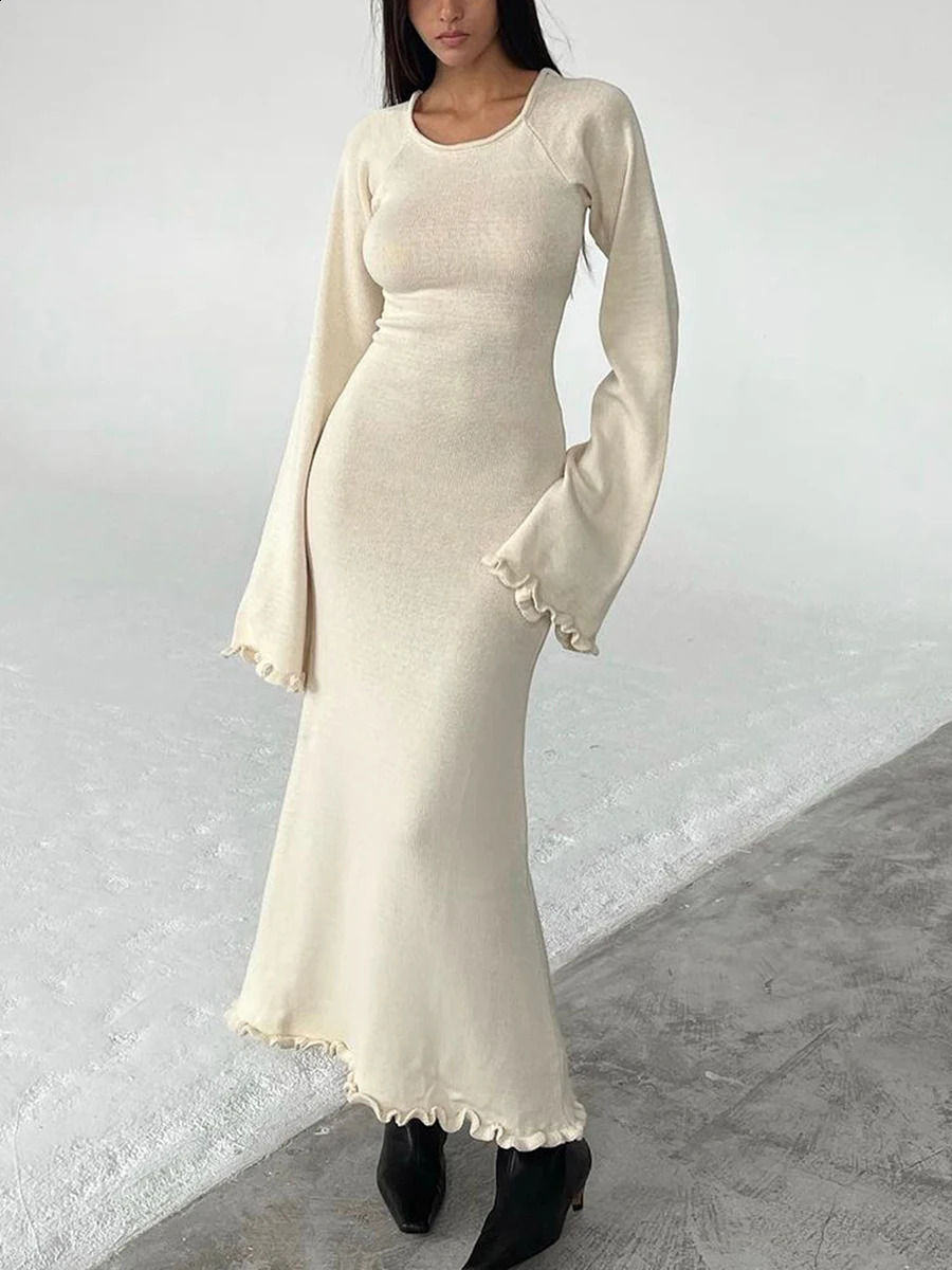 Women Ribbed Knit Ruffle Trim Long Dress Long Sleeve Bodycon Party Cocktail Dress Flare Summer Beach Cover Up 240819