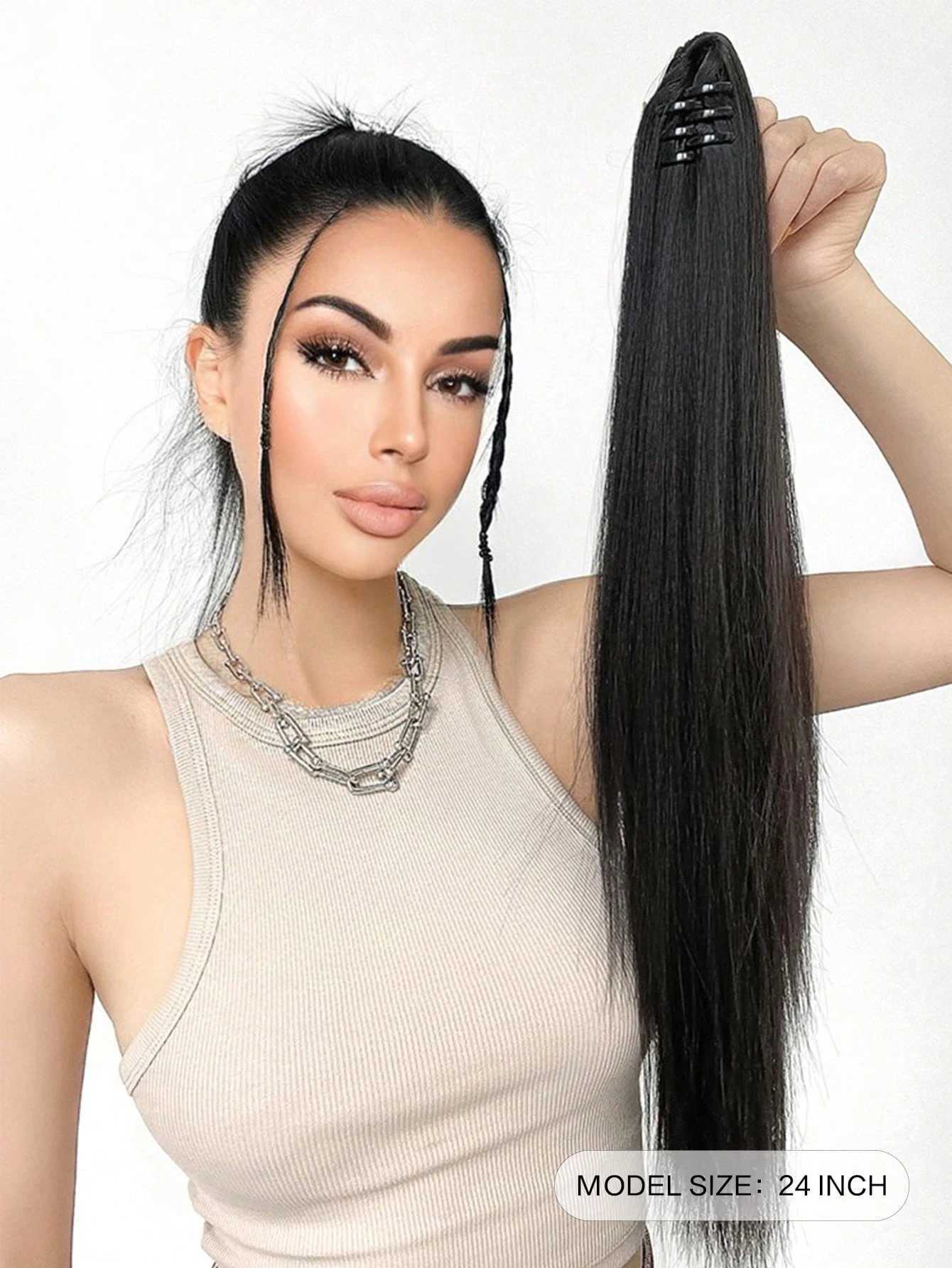 Claw Clip synthetic ponytail long straight black ponytail extension natural color easy to wear womens daily party wig W240817