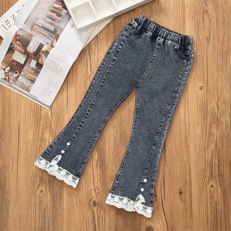 2-12-year-old girls jeans fashionable lace stretch denim Flared Pants spring and autumn solid color Trouser teenage girls clothingW240819