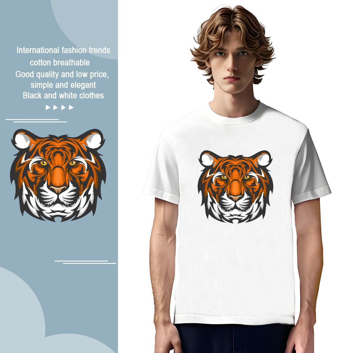 Comfortable T-Shirts for Men tiger Breathable Crew Neck Street Casual Anime 230g 100% Cotton Men Clothes T-Shirt 2024 Summer Polos