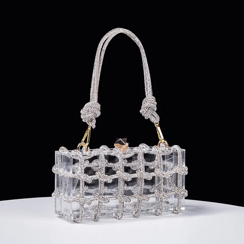 DHXJ Dia Clear Acrylic Box Evening Clutch Bags Women Boutique Woven Knotted Rope Rhinestone Purses And Handbags Wedding Party 240819