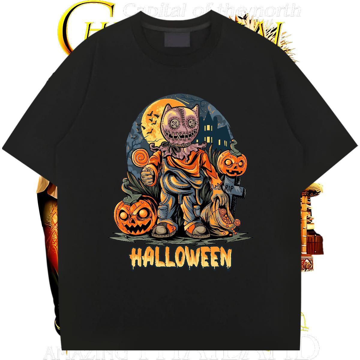 High Quality T Shirt For Man halloween Breathable Crew Neck Street Black White 230g Cotton Men Tops Tees New Clothings
