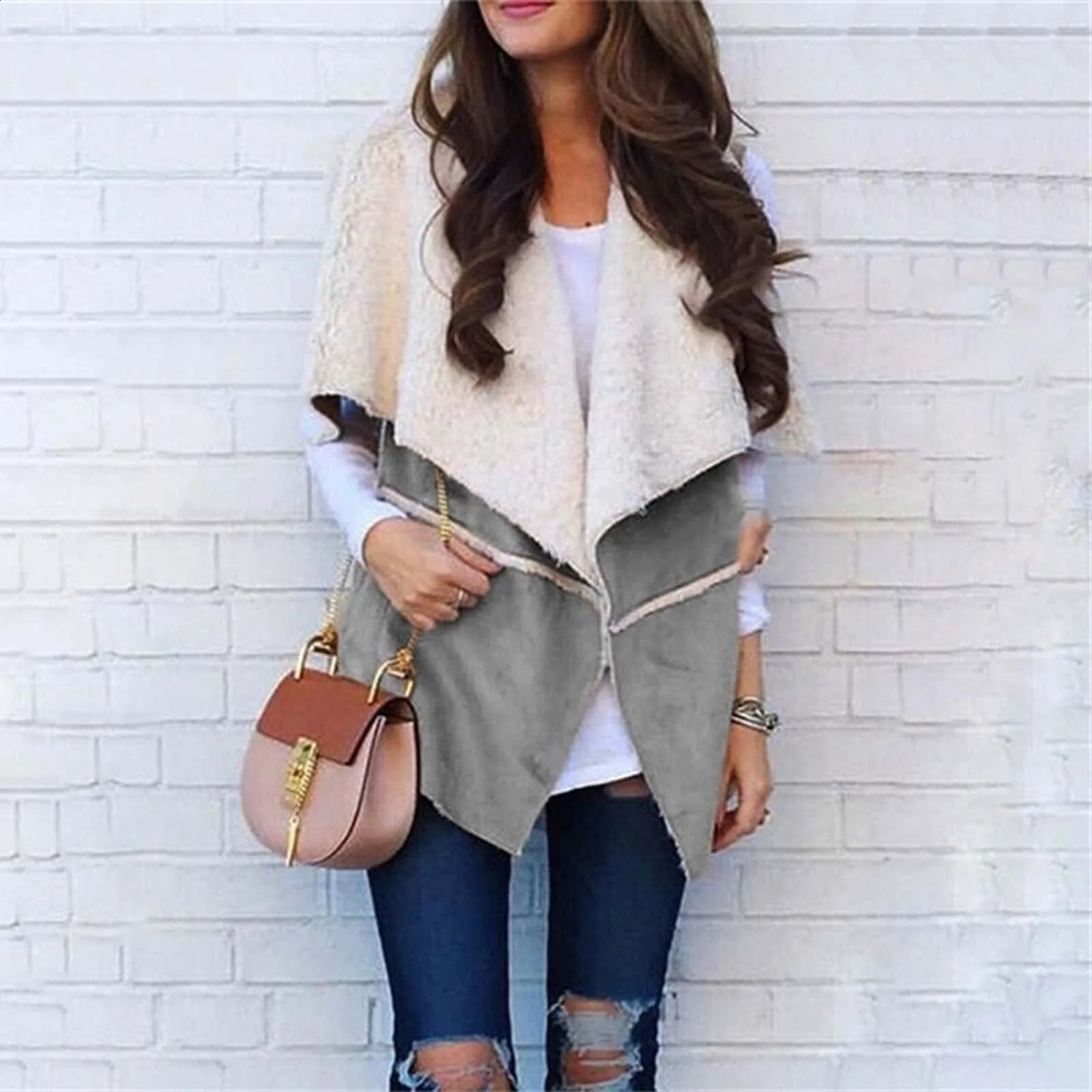 Winter velvet wool womens vest fashionable casual lapel sleeveless jacket slit coat 240819