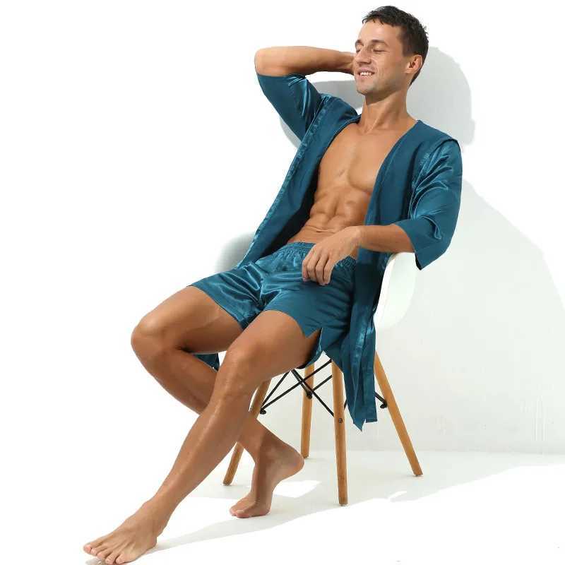 Mens hooded sweatshirt silk satin kimono pajamas half sleeved bathroom gown evening gown mens loose night gown casual wear thin underwearW240719