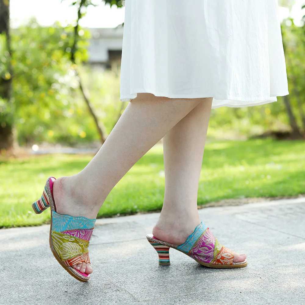 vicconfy 2024 New Style Summer Leather Retro Colour Blocking High Heeled Sandals Slippers CL240806