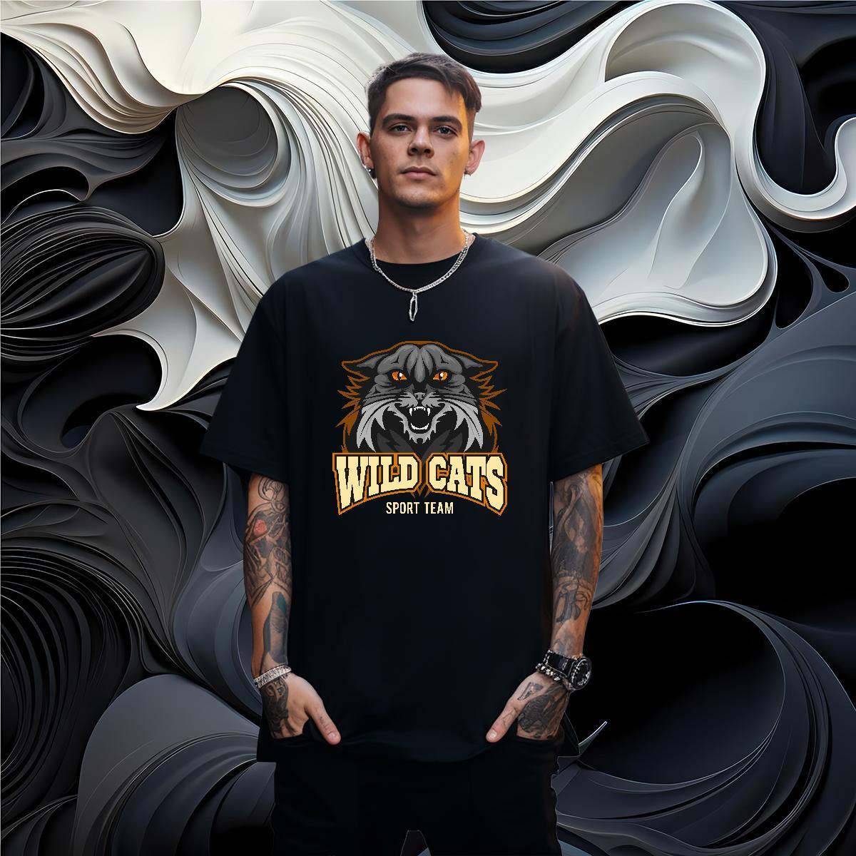 High Quality Men T Shirts wild cat Crew Neck Street wear Hip Hop Anime 230g Pure Cotton Tshirts Casual New Tees Shirts