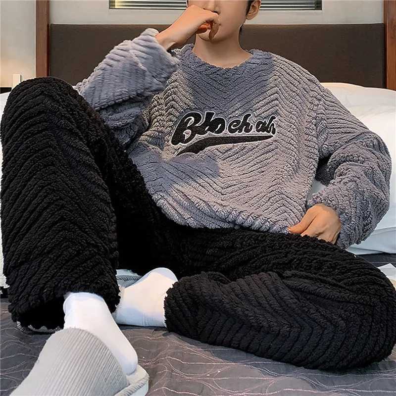 Winter mens thick double-sided flannel pajamas cartoon casual pajamas set soft coral fleece pajamasW240719
