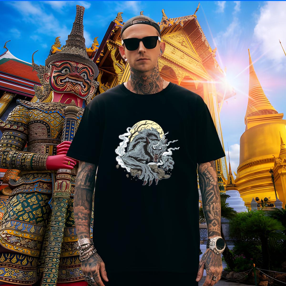 Loose T Shirt For Man wolf Breathable Short Sleeve Beach Plus Size Cartoon 230g 100% Cotton Men Clothes T-Shirt New Designer Tees