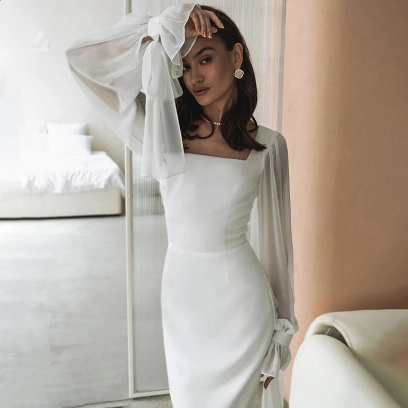 White Office Women Dress Fashion Slim Square Collar Long Sleeve Ankle Length Dresses Spring Female Clothing Dress 240819