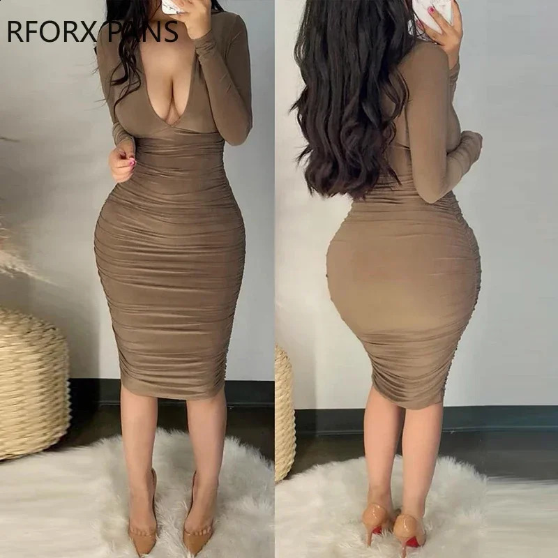 Women Solid Elegant Long Sleeves Deep V Neck Folds Sexy Midi Bodycon Party Sexy Dress 240819