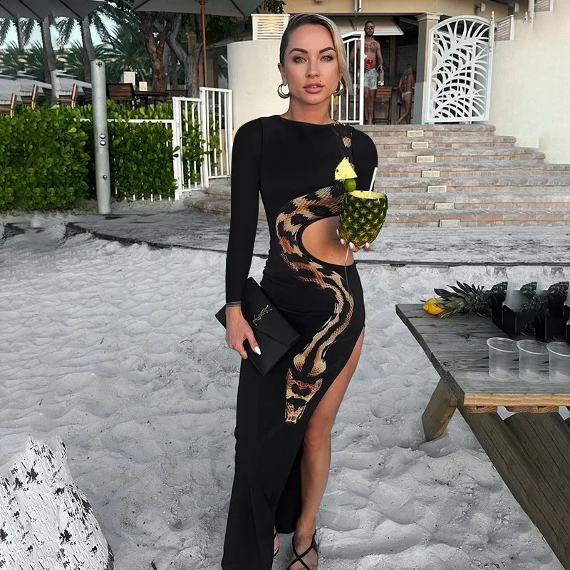 Autumn Winter Maxi Dress Women Fashion Snake Print Cut Out Slim Dresses Long Sleeve Sexy Split Holiday Party Dress Black 240819