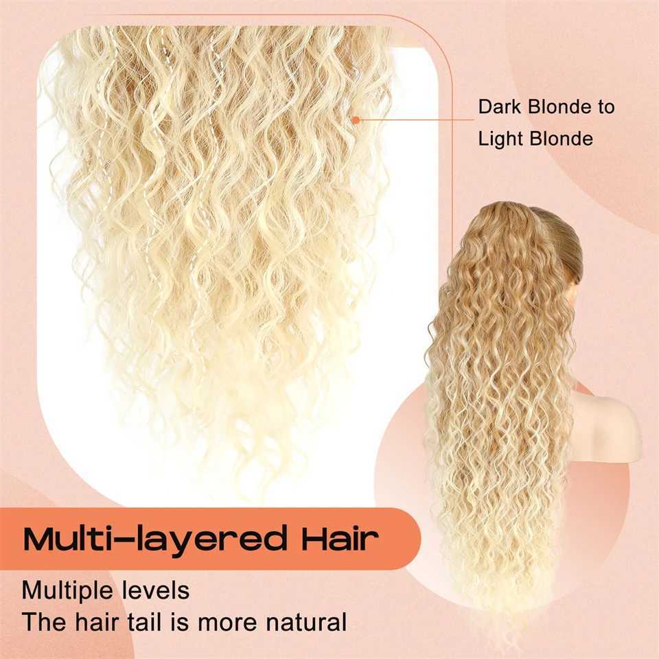 36 inch elongated ponytail extended synthetic gradient golden ripple womens wig fluffy long curly ponytail W240817
