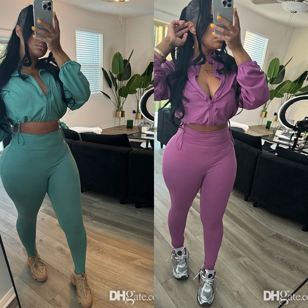 2024 Fall Womens Tracksuit Casual 2 Piece Set Women Sexy Drawstring Zip Neck Long Sleeve Coat Crop Top And High Waist Tight Pants Leggings Yoga Sets Outfits