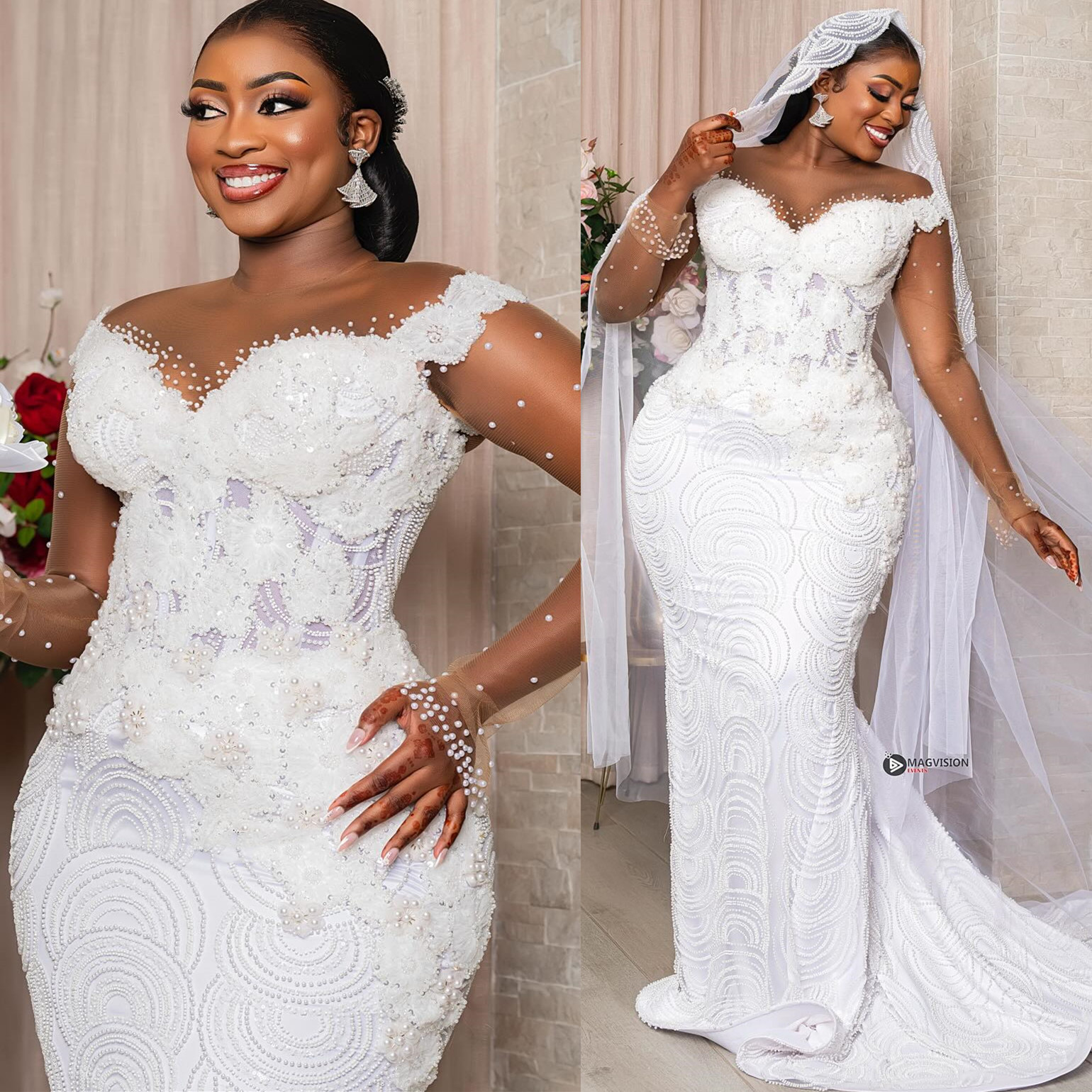 African Aso Ebi 2024 White Mermaid Wedding Dress Floral Lace Full Sleeves Pearls Vintage Elegant Bridal Gowns Dresses ZJ207