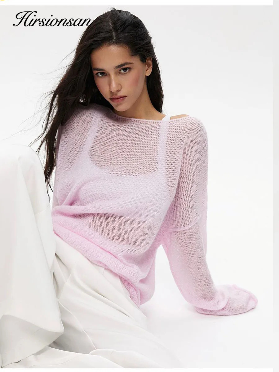 Hirssionsan Elegant Sweater Womens Summer and Autumn Casual Fashion Loose Floral Chic Pink White Parachute Suede Cream 240819