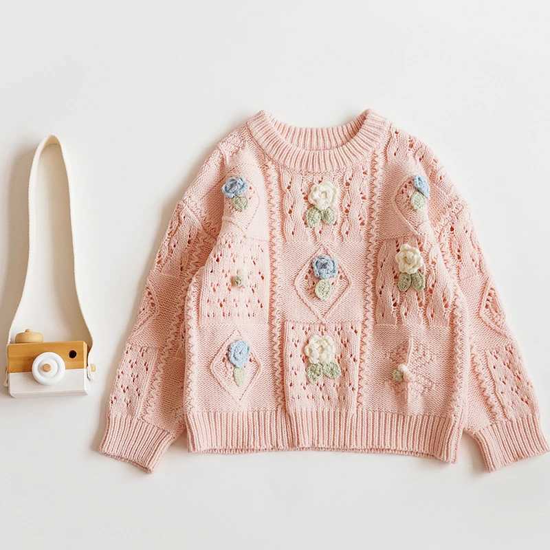 1-6Yrs Girls Embroidery Flower Knit Sweaters Autumn Winter Childrens Kids Baby Girls Clothes Pullover Kids Long Sleeve SweaterXJ240819