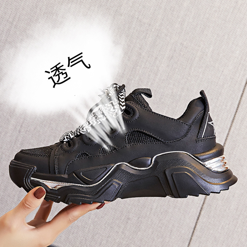 Ddmysports Absorbing Film Sole Genuine Leather Dad Shoes For Women In Spring New Thick Soled Running Black Sports S Trend OUTDOOR