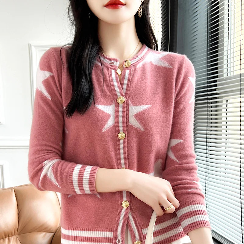 Autumn and Winter 100% Wool Womens Clothing Fashion Round Neck Knitted Open Collar Casual Loose Embroidered Top Long Sleeve Sweater 240819