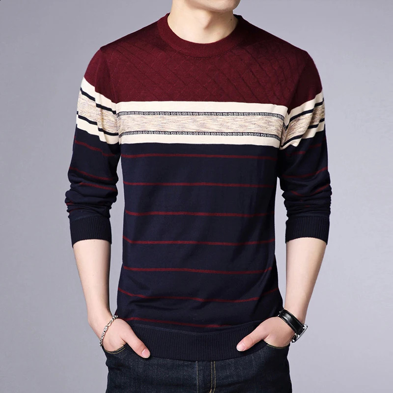 Mens Casual Striped Knit Spring and Autumn Long Sleeved Pullover Fashion Top 240820