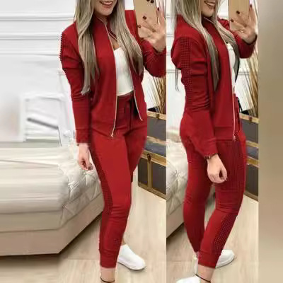 Autumn/winter New Long Style Sports and Leisure Zipper Splicing Grid Set Womens Clothing
