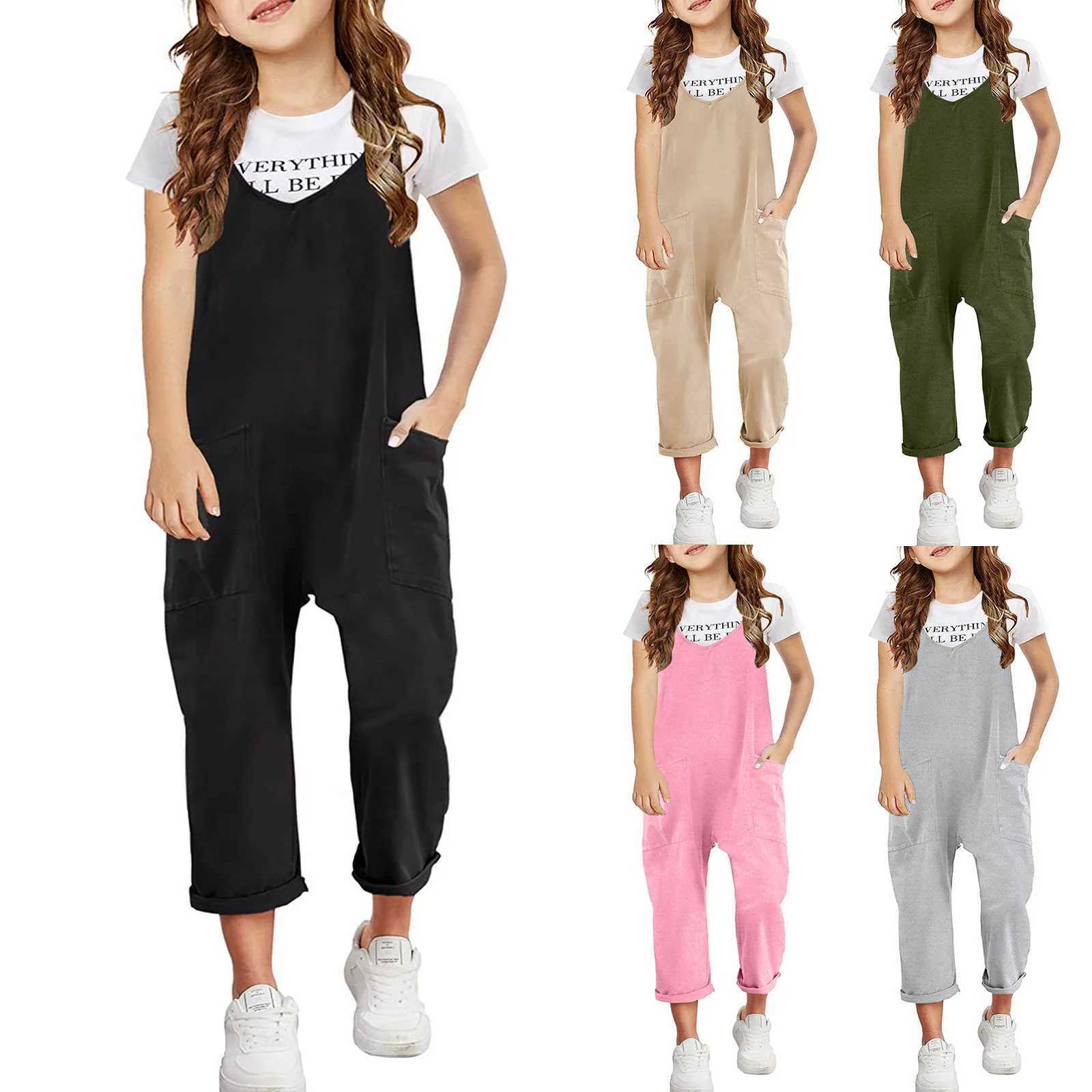Girls casual sleeveless jumpsuit with spaghetti straps comfortable loose top pants pocket thin lotus dress W240806