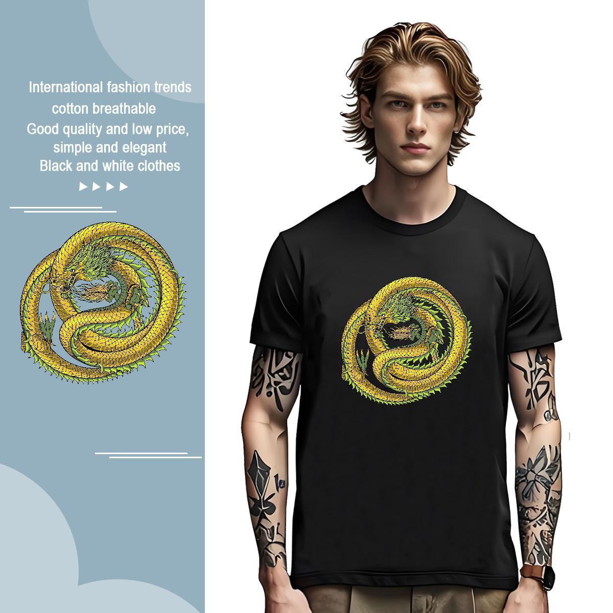 T Shirt For Man 230g Cotton dragon Casual Daily Wear Breathable Short Sleeve Black Oversized Mens Tshirts Classic Casual Cool Tees