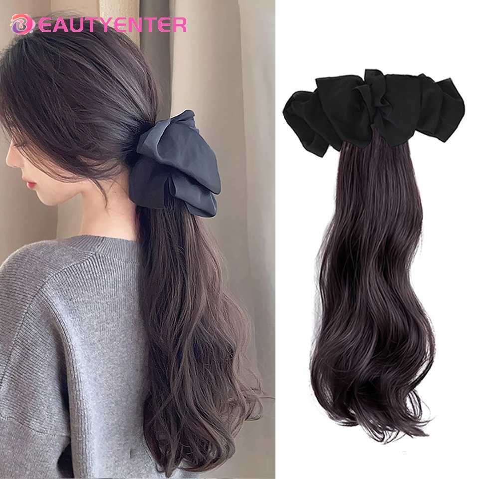 Beautiful synthetic straight wig ponytail grab clip bow ponytail female fake hair black female fake hair W240817