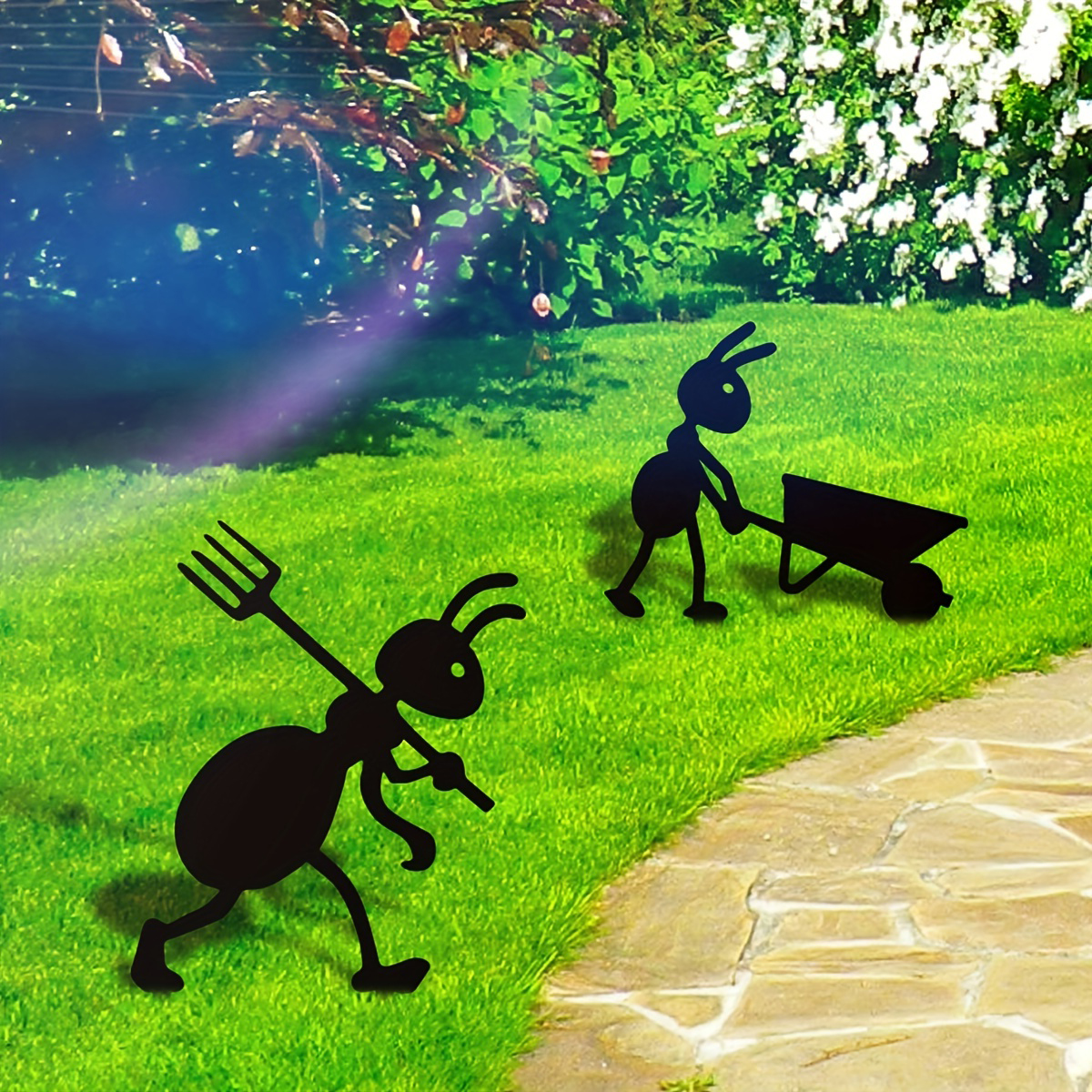 Garden decoration interesting work farm ants garden stake decoration with fork and wheelbarrow, black metal 2 pieces ants