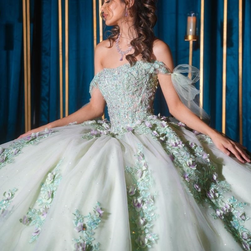 Mint Green Shiny Princess Quinceanera Dresses Off Shoulder Handmade wer Applique Beaded Tull Corset Sweet 16 vestido de 15 anos