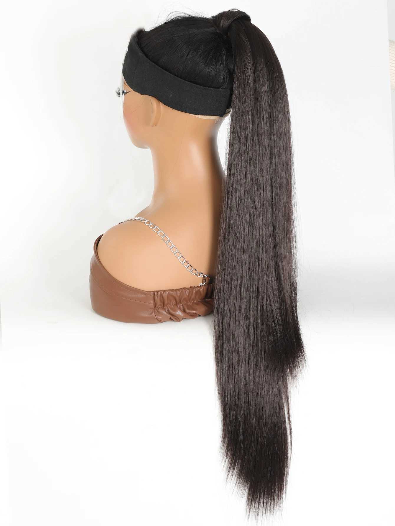 Synthetic 32 inch flexible wrapped ponytail extended long straight ponytail beautiful ponytail womens wig W240817