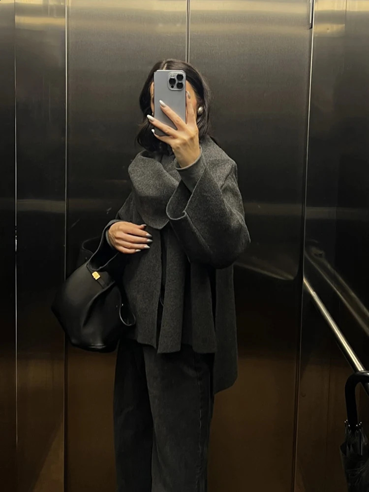 TRAF womens single-breasted chic loose jacket autumn and winter asymmetric scarf solid colour knitted coat jacket 240813